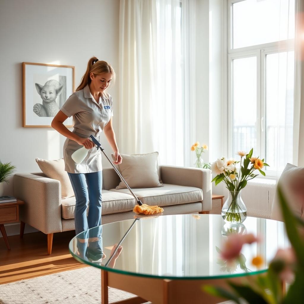 Professional cleaner tidying a bright Toronto living room